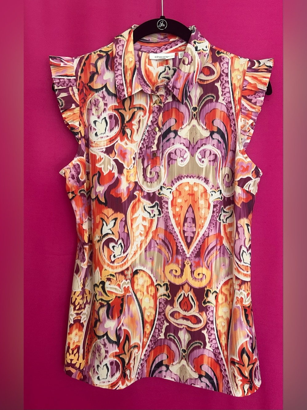 Chico’s Zenergy Paisley Print Polo Ruffle Sleeve Tank